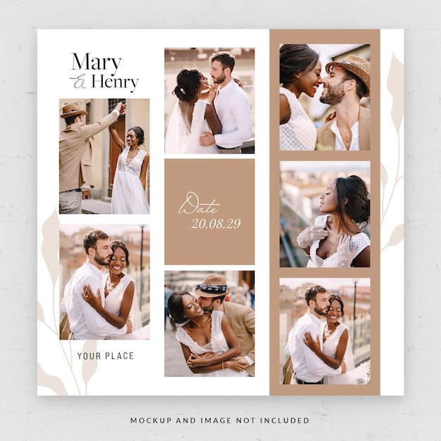 Wedding Couple Photo Collage Card Square Flyer Template in PSD