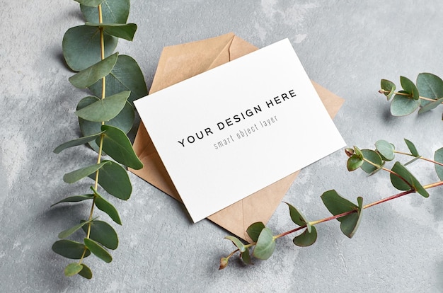 Wedding greeting card mockup with envelope and eucalyptus twigs