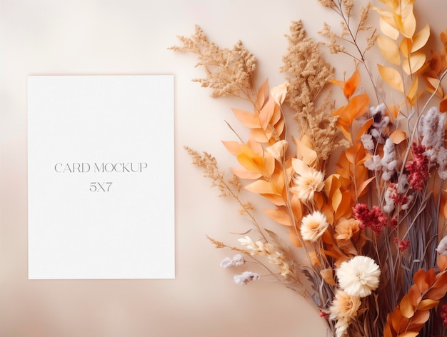 PSD wedding invitation card mockup with autumn composition top view