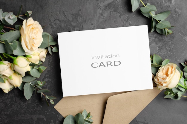 Wedding invitation card mockup with envelope and roses flowers