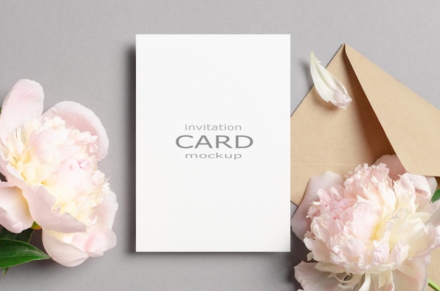 Wedding invitation card mockup with fresh peony flowers