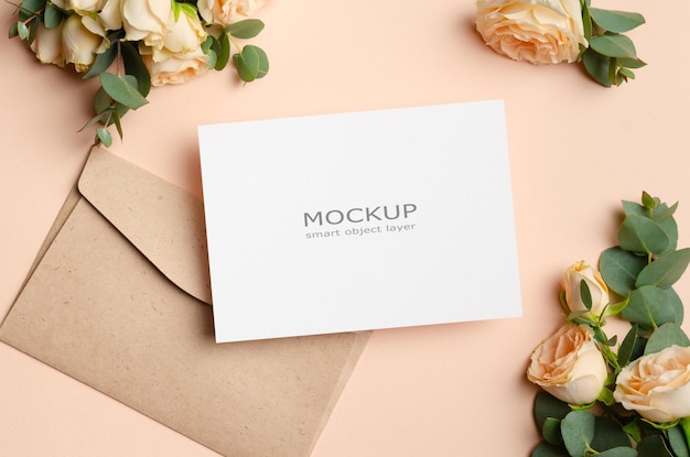 Wedding invitation card mockup with roses flowers and envelope