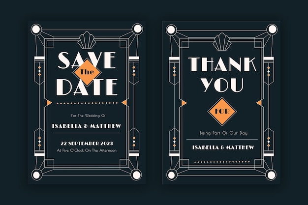 Wedding invitation card PSD set template with geometric art deco style on dark background