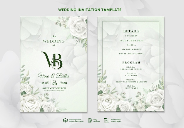 PSD wedding invitation card set template with beautiful floral and leaves