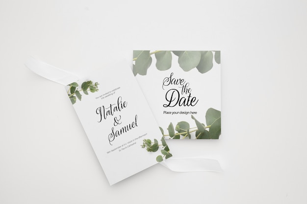 Wedding invitation card template set with green floral decoration