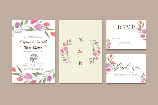 Wedding invitation card template set with greenery flower and leaves PSD