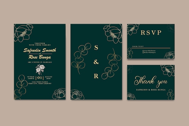 Wedding invitation card template set with greenery flower and leaves PSD