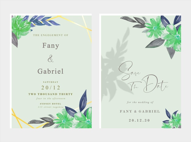 wedding invitation card template set with white rose bouquet wreath leave watercolor painting psd