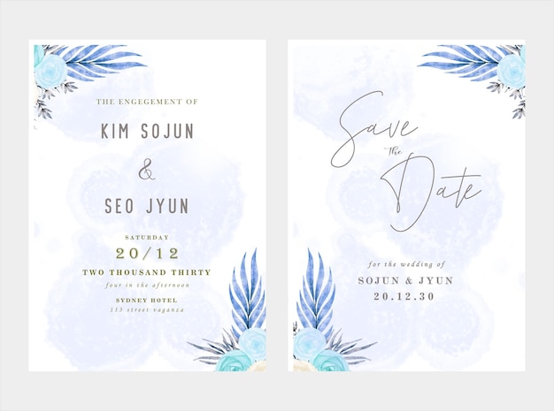 wedding invitation card template set with white rose bouquet wreath leave watercolor painting psd