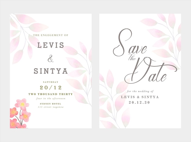 wedding invitation card template set with white rose bouquet wreath leave watercolor painting psd