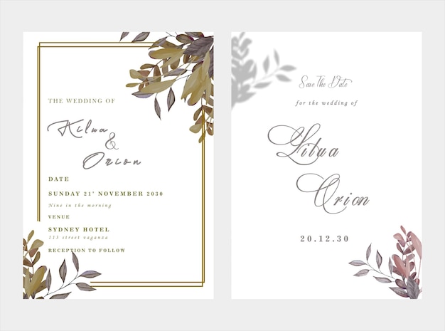 wedding invitation card template set with white rose bouquet wreath leave watercolor painting psd