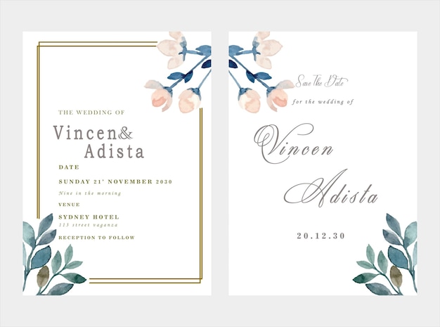 wedding invitation card template set with white rose bouquet wreath leave watercolor painting psd