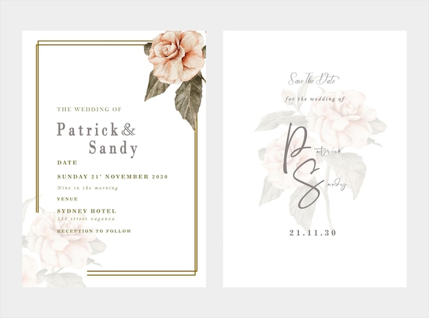 wedding invitation card template set with white rose bouquet wreath leave watercolor painting psd