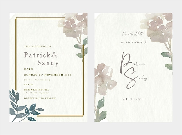 wedding invitation card template set with white rose bouquet wreath leave watercolor painting psd