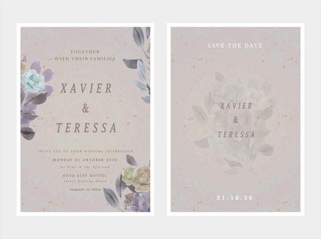 wedding invitation card template set with white rose bouquet wreath leave watercolor painting psd