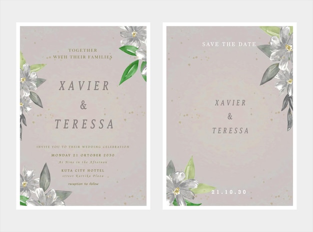 wedding invitation card template set with white rose bouquet wreath leave watercolor painting psd