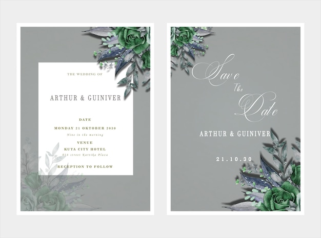 wedding invitation card template set with white rose bouquet wreath leave watercolor painting psd