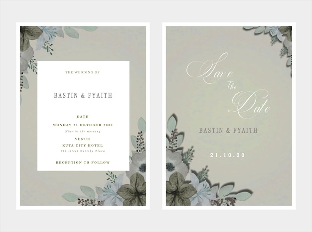 wedding invitation card template set with white rose bouquet wreath leave watercolor painting psd