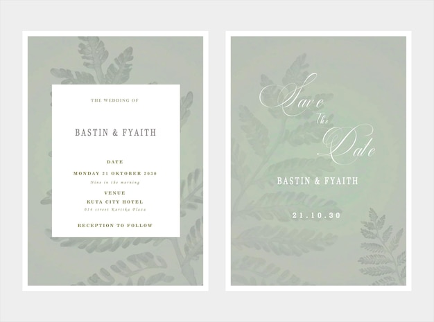 wedding invitation card template set with white rose bouquet wreath leave watercolor painting psd