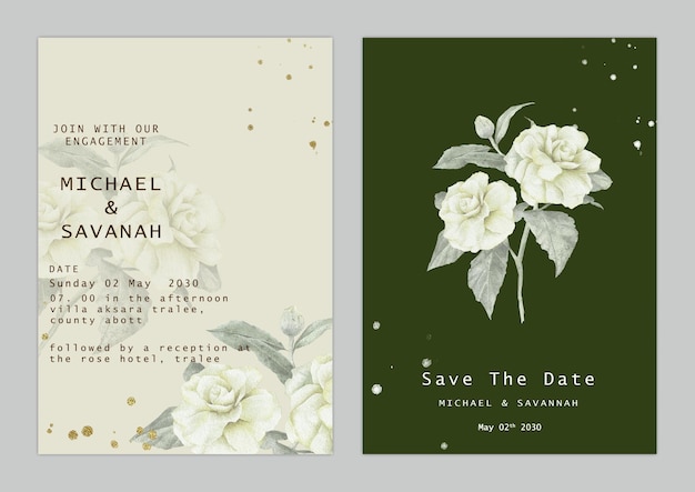 wedding invitation card template set with white rose bouquet wreath leave watercolor psd