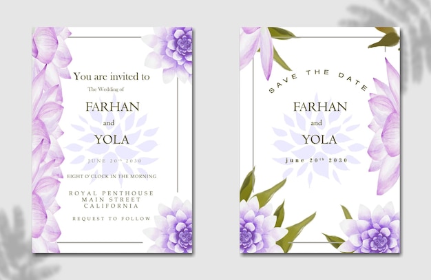 wedding invitation card template set with white rose bouquet wreath leave watercolor psd