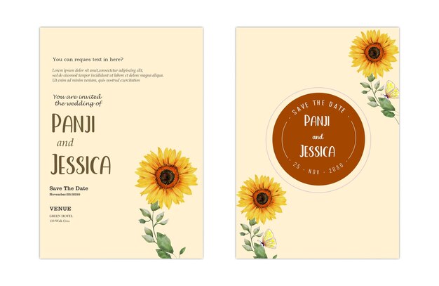 wedding invitation card template set with white rose bouquet wreath leave watercolor psd