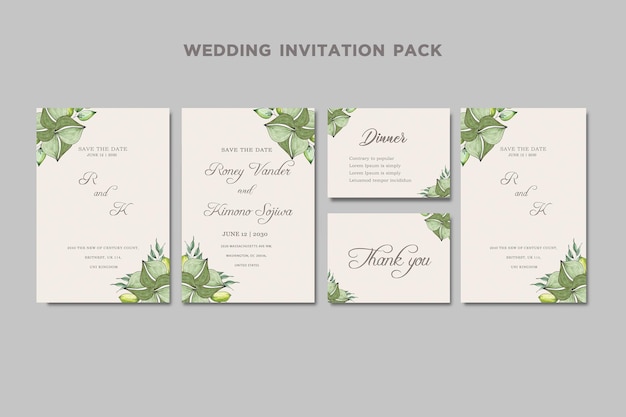 wedding invitation card template set with white rose bouquet