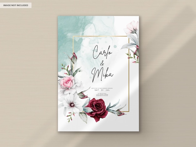 Wedding invitation card template with beautiful floral and leaves modern maroon pink color