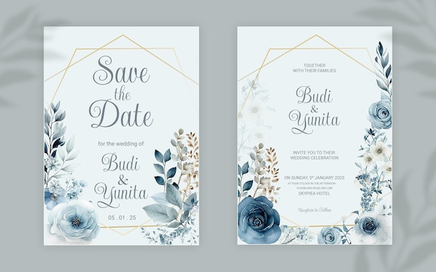 wedding invitation card template with beautiful flower and leaves ornament