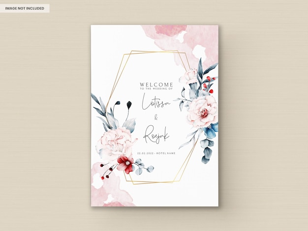 PSD wedding invitation card template with red and blue flowers floral frame watercolor