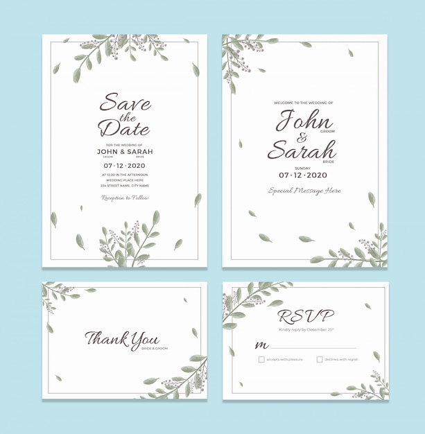 Wedding Invitation Card Template With Watercolor Floral Frame Decorations