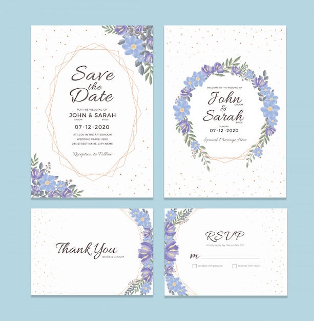 Wedding Invitation Card Template With Watercolor Floral Frame Decorations