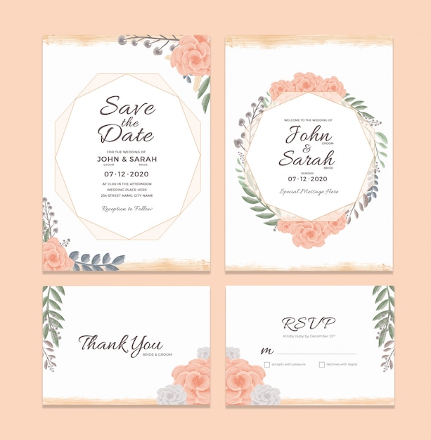 Wedding Invitation Card Template With Watercolor Floral Frame Decorations