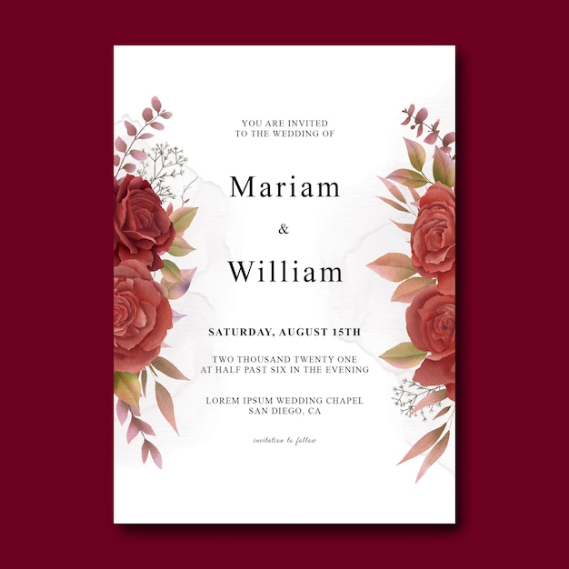 Wedding invitation card template with watercolor red roses