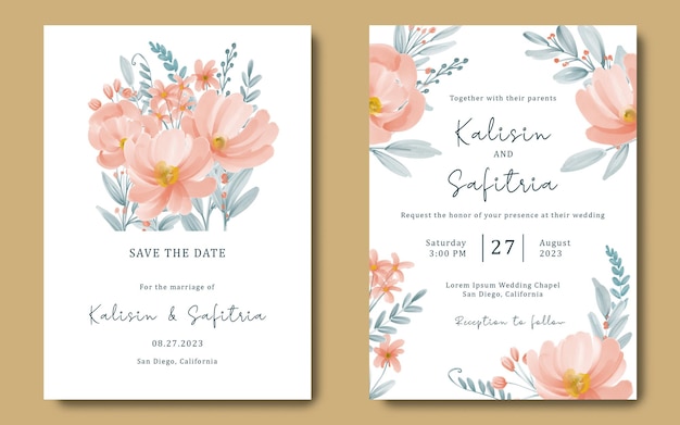 wedding invitation card with beautiful watercolor flowers