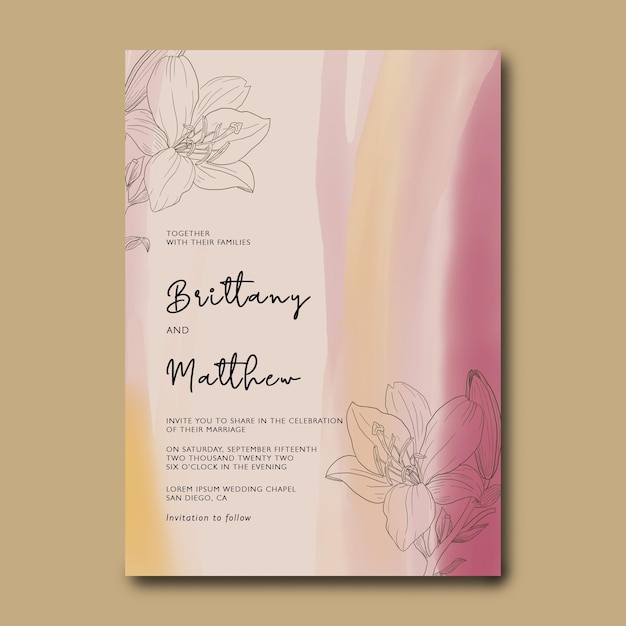 wedding invitation card with pastel watercolor brush stroke background and lilies sketch