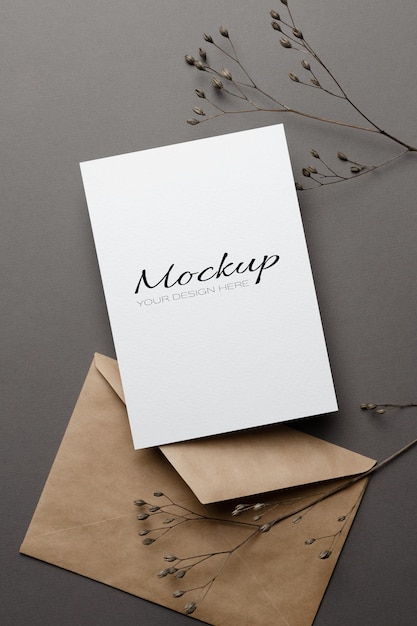 Wedding invitation or greeting card mockup with dry twigs and envelope