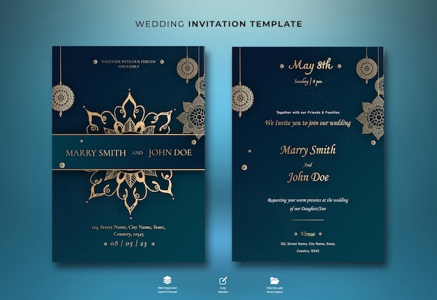 PSD wedding invitation and menu template with beautiful leaves