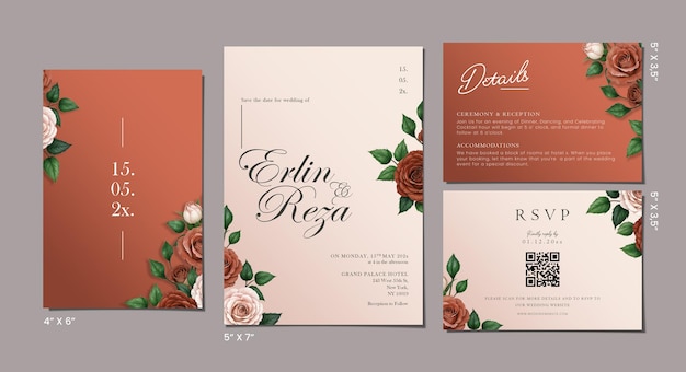 PSD wedding invitation set template with floral background