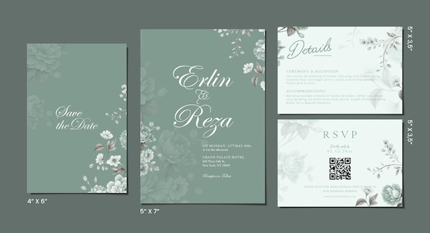 PSD wedding invitation set template with floral background