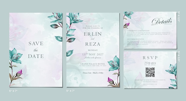 PSD wedding invitation set template with flower background