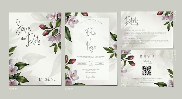 wedding invitation set template with flower background