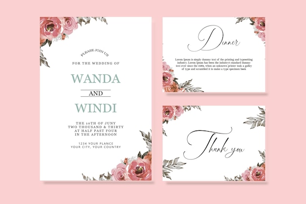 wedding invitation set with flower frame save the date menu and beautiful flowers premium PSD