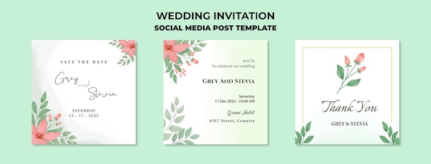 Wedding invitation social media post template with watercolor leaf frame