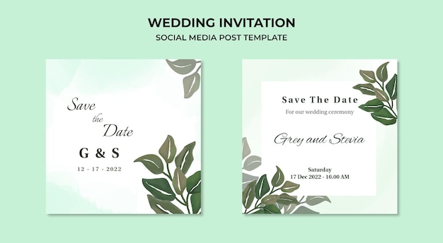 Wedding invitation social media post template with watercolor leaf frame