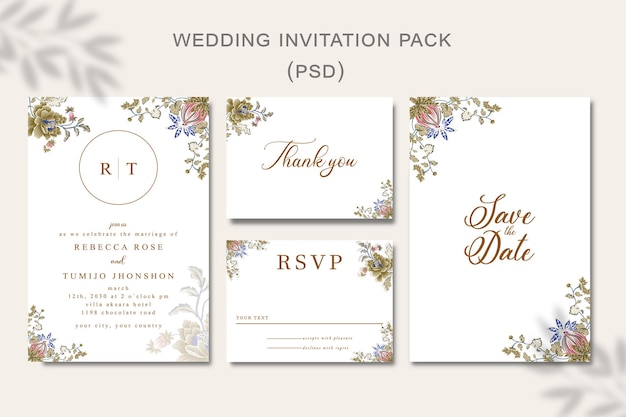 wedding invitation template set with floral frame Premium Vector