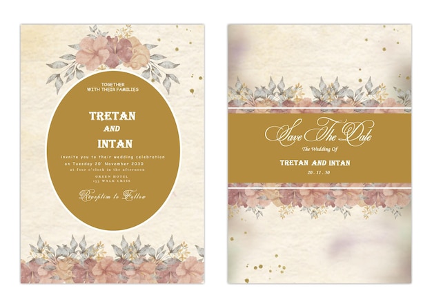 wedding invitation template set with flowers Premium Vector