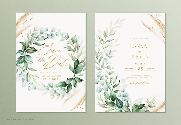 Wedding invitation template set with gold brush and leaves decoration