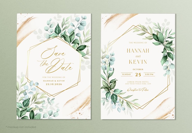 Wedding invitation template set with gold brush and leaves decoration