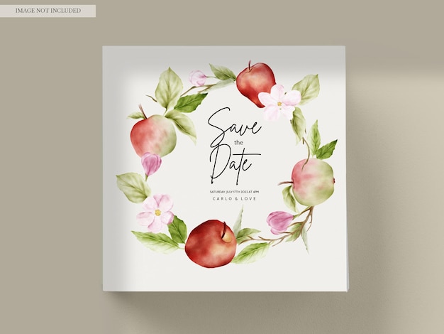 Wedding invitation template set with watercolor apple fruit and floral decoration